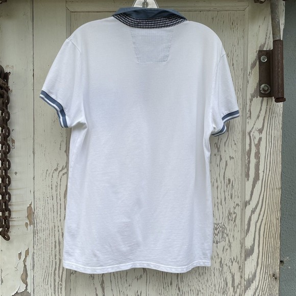 Black Number Polo Shirt Men's Size M/L White with Blue Collar 100% Cotton Pocket - Picture 3 of 13